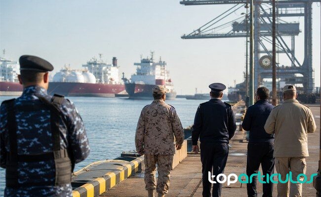 seguridad portuaria observa el muelle de Damieta tras un incidente marítimo