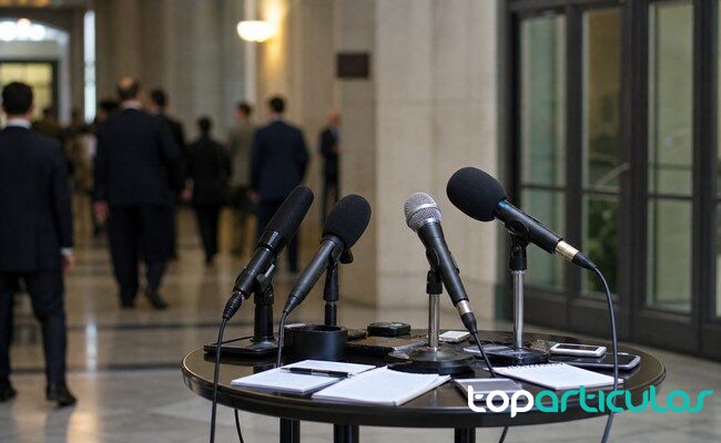 Área de prensa antes de una declaración internacional micrófonos y cuadernos preparados para una declaración diplomática