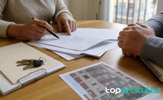 Revisión de documentos de alquiler sin texto legible Documentación de vivienda sobre una mesa sin datos personales visibles
