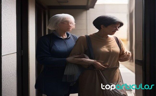 Vecino ayudando a una persona mayor con bolsas de la compra en un portal ayuda vecinal a personas mayores
