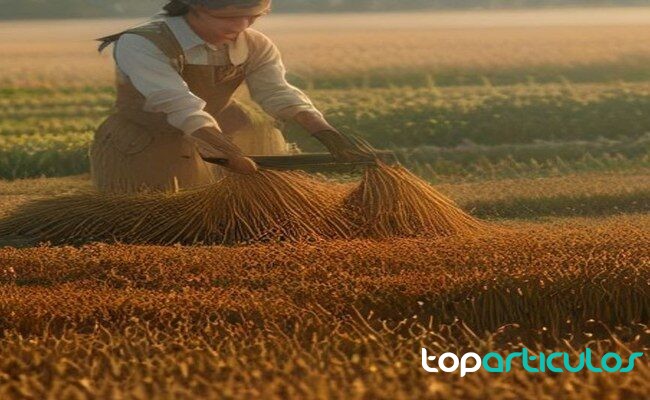 Agricultor extendiendo acolchado de paja entre líneas de cultivo aplicar acolchado de paja en cultivo