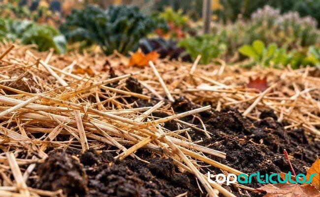 Detalle de suelo agrícola cubierto con restos vegetales limpios suelo cubierto con materia orgánica
