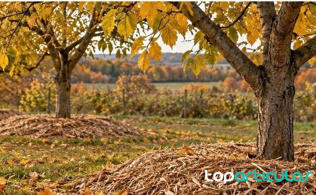 Base de árboles frutales protegida con acolchado natural en otoño acolchado en frutales durante el otoño