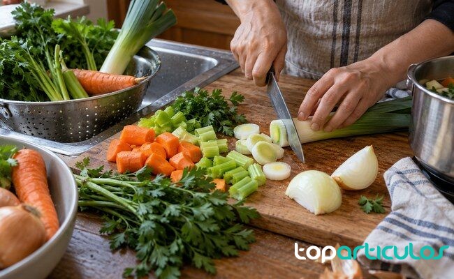 Verduras frescas lavadas y cortadas para preparar un caldo casero verduras para caldo casero