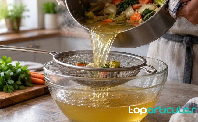 Caldo de verduras recién hecho pasando por un colador fino colar caldo de verduras
