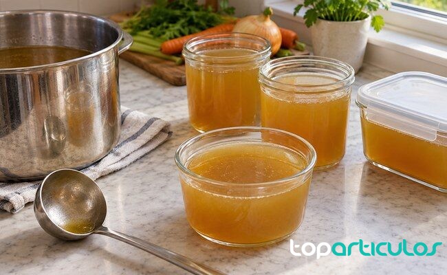 Caldo casero repartido en recipientes de vidrio para enfriarlo y conservarlo conservar caldo de verduras casero