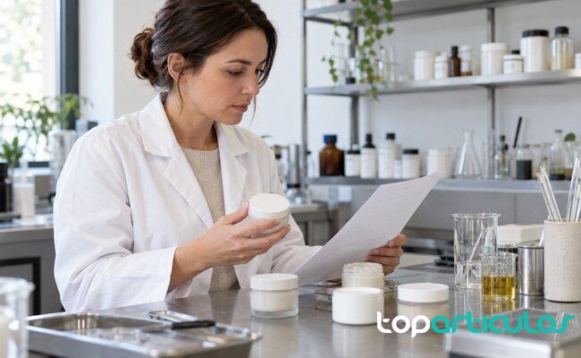 Profesional revisando la composición de varios cosméticos en un laboratorio formulación e ingredientes cosméticos