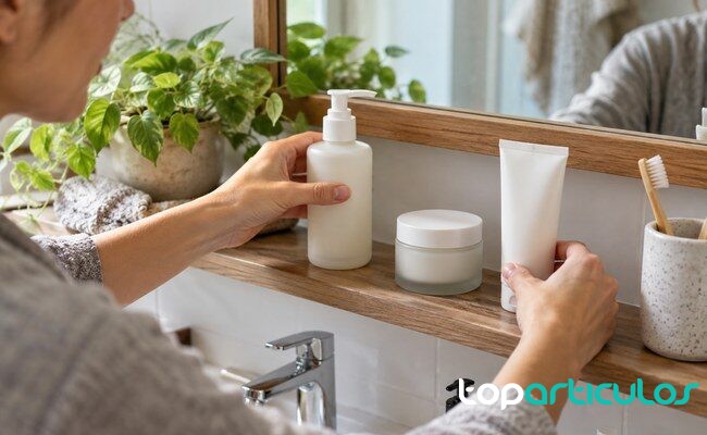 Productos básicos de una rutina facial ordenados después de revisar sus ingredientes rutina cosmética sencilla
