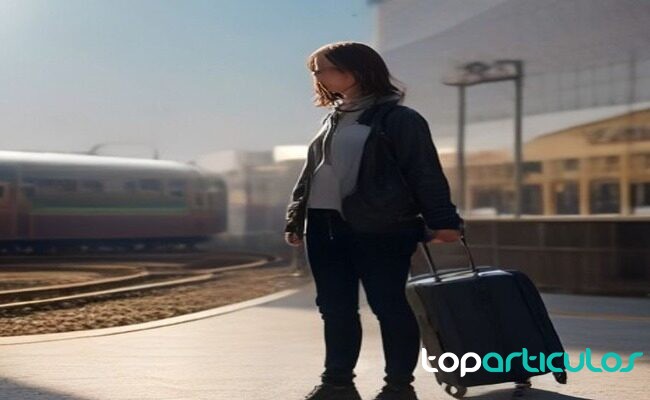 Persona con maleta en un andén de estación preparando un viaje nacional viaje en tren por España en temporada media